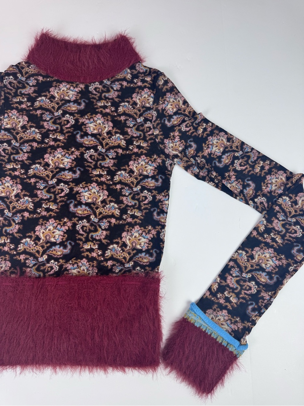 Free People Cosmic Cuff Burgundy-Trim Floral Turtleneck Sweater Top